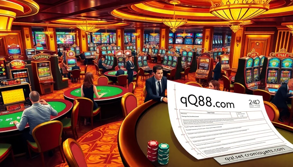 Exciting casino scene with players at tables, showcasing qq88 com gaming experience.