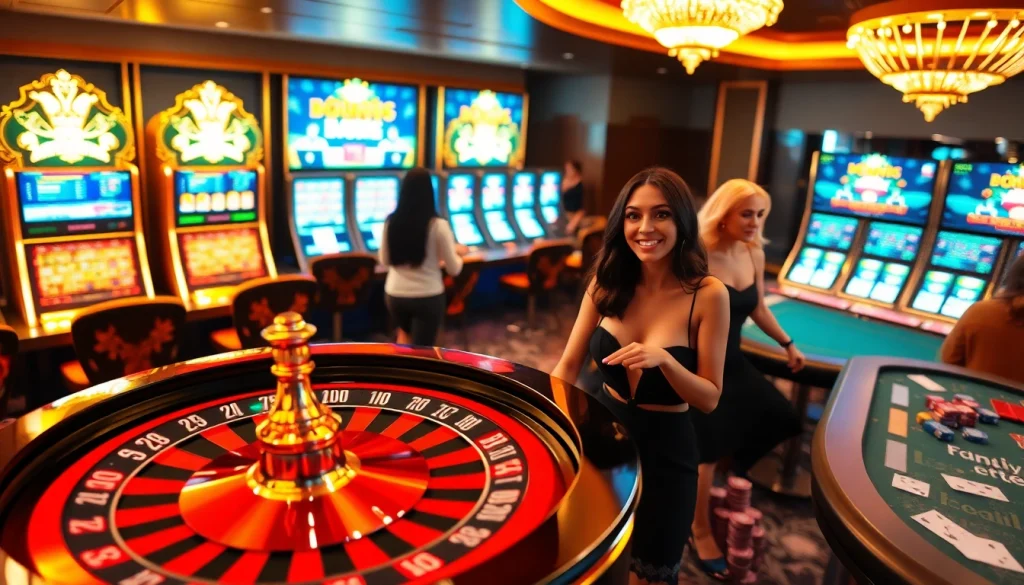 Players enjoying i1dompet in a lively casino with vibrant slot machines and an inviting mood.