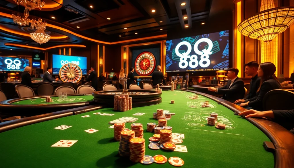 Experience the thrill of QQ 88 at an opulent casino, featuring vibrant games, successful plays, and engaging environments.