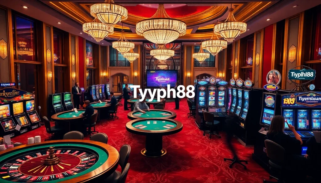 Experience the thrill of Typhu88 at a luxurious casino featuring poker tables and slot machines.