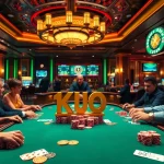 KJC poker players celebrate a winning hand at a luxurious casino table, surrounded by vibrant decor and excitement.