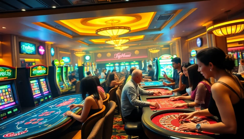 Experience thrilling gameplay at https://typhu88.ws/ featuring poker and blackjack tables in a vibrant casino ambiance.