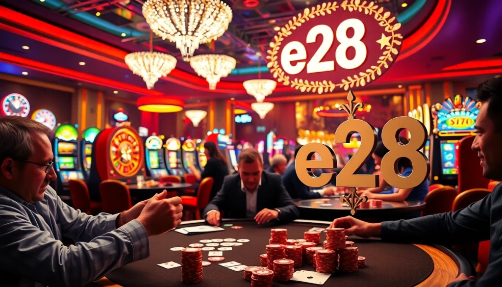 Experience high-stakes excitement at e28 casino tables with players enjoying poker and roulette action.