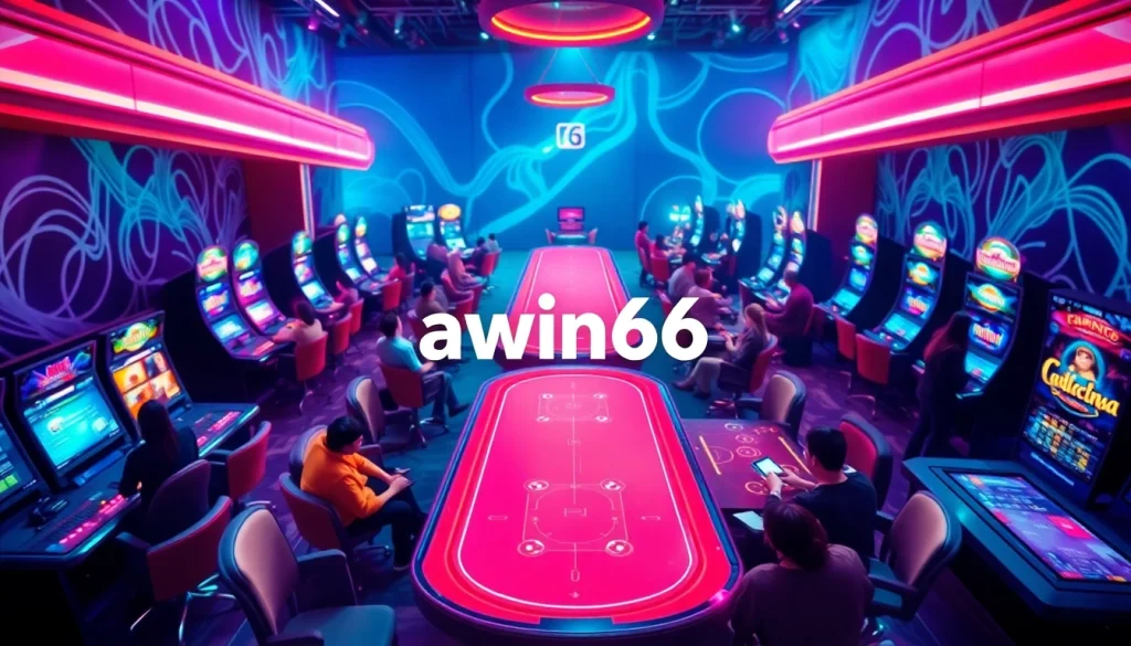 Awin66 logo in a lively online casino environment showcasing vibrant gaming activity.