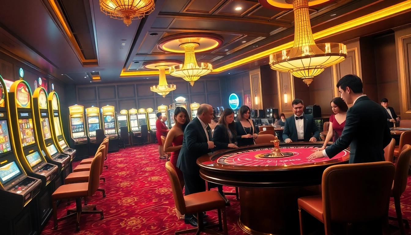 MM88 Casino experience with players enjoying roulette and exclusive slot machines in a luxurious environment.