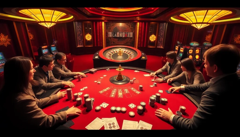 Experience high-stakes excitement at https://af88.mba/ with players engrossed at a poker table surrounded by dazzling casino games.