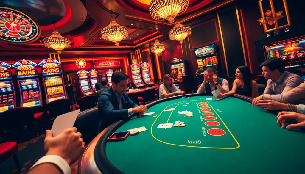 Loki88 casino scene featuring players at blackjack and vibrant slot machines, creating an exhilarating gambling atmosphere.