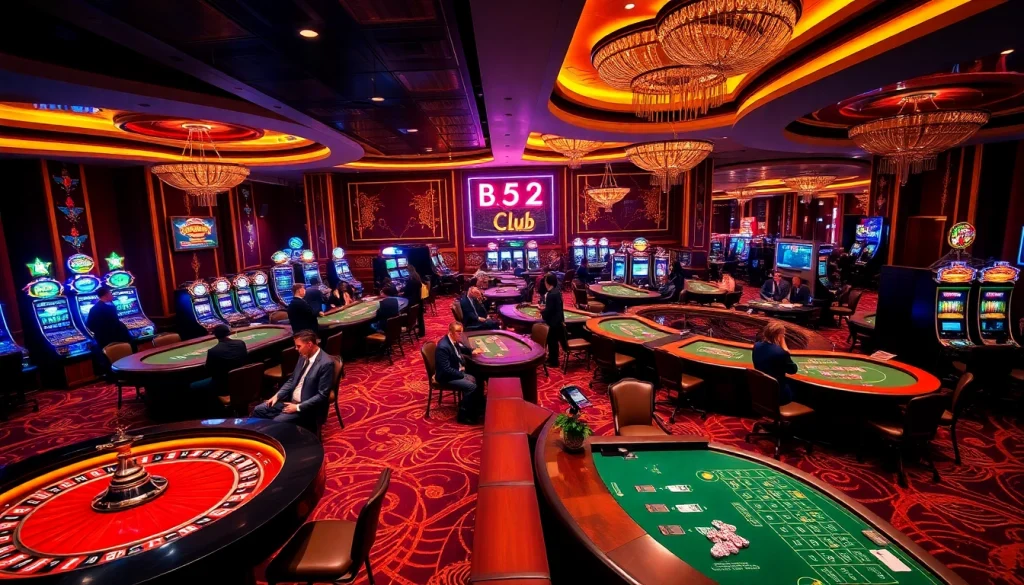 B52Club casino scene showcasing diverse players engaged at roulette and blackjack tables for a thrilling gambling experience.