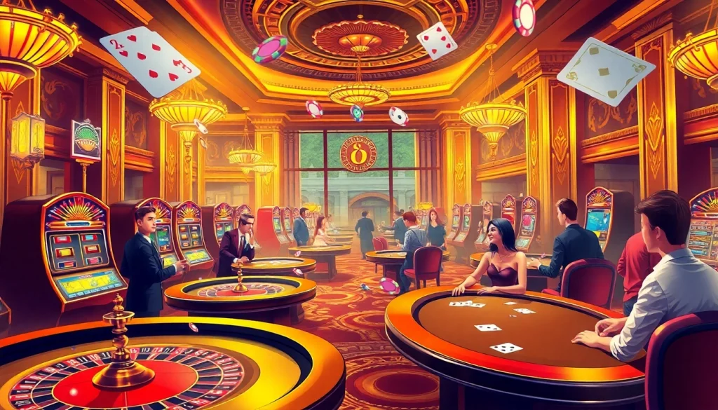 Players enjoying various games at the vibrant casino setting of https://vaobet.cn.com/ with colorful slot machines and tables.