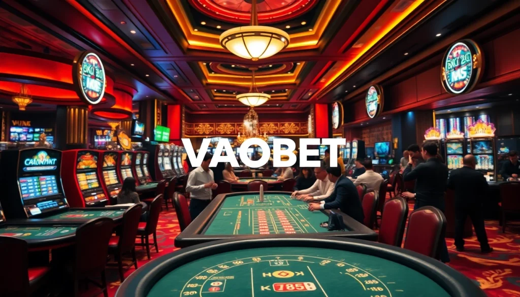 VAOBET gaming experience featuring vibrant casino tables, enthusiastic players, and digital interfaces enriching the atmosphere.