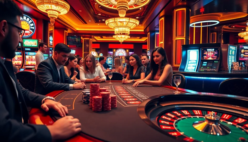 Exciting casino atmosphere at VAOBET with players at a blackjack table.